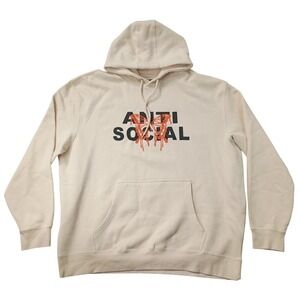 Fashion Nova Mens 2XL Anti Social Butterfly Graphic Pullover Hoodie Cream Tan